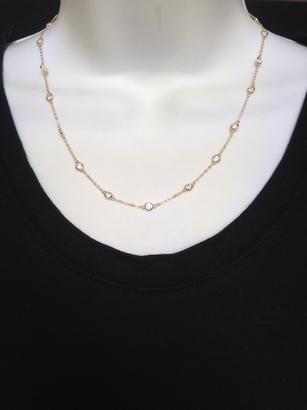 925 Sterling Silver Gold By the Yard Station Necklace Bezel CZ 18 3.5mm 18″