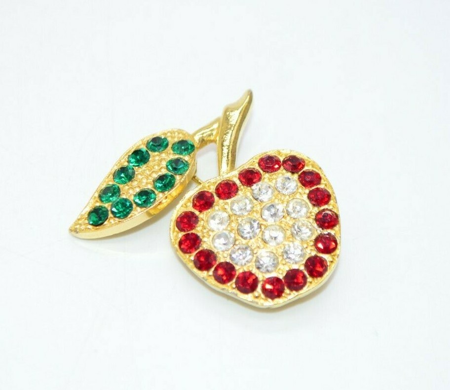 Green Red White Clear Rhinestone Apple Heavy Gold Tone Vintage Pin Brooch
