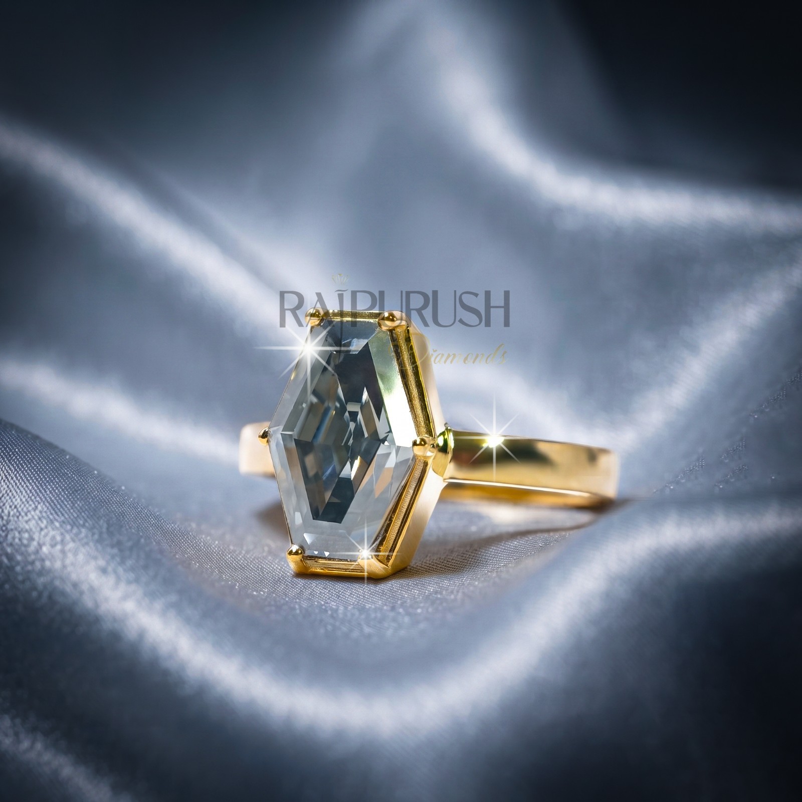 Hexagon Dark Grey Moissanite Engagement Ring 925 Silver Gold Plated Women Gift