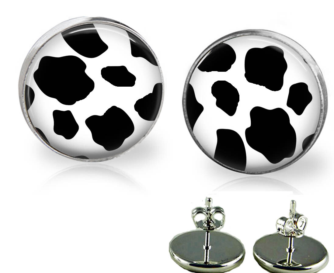 Cow Print Glass Top Stud Earrings In 3 Sizes Handmade Photo Jewelry