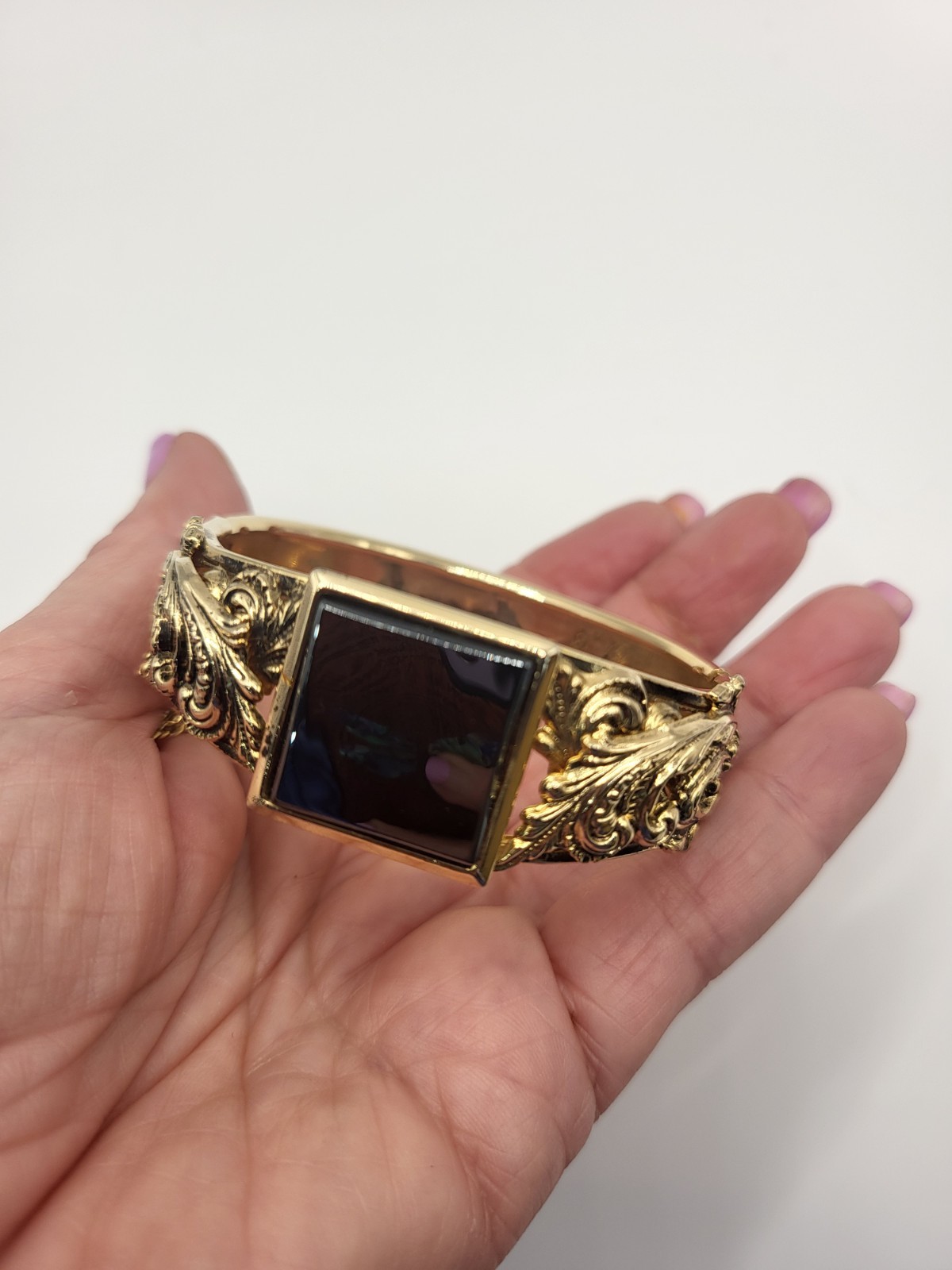 Ornate Hinged Cuff Bangle Bracelet Hematite Center Square Victorian Rev Goldtone