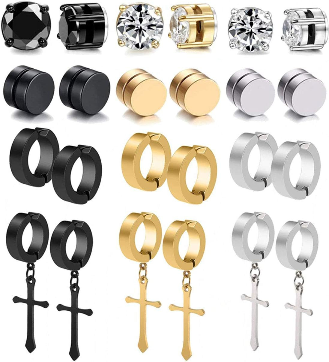 12 Pairs Stainless Steel Non Pierced Magnetic Earrings for Men Women