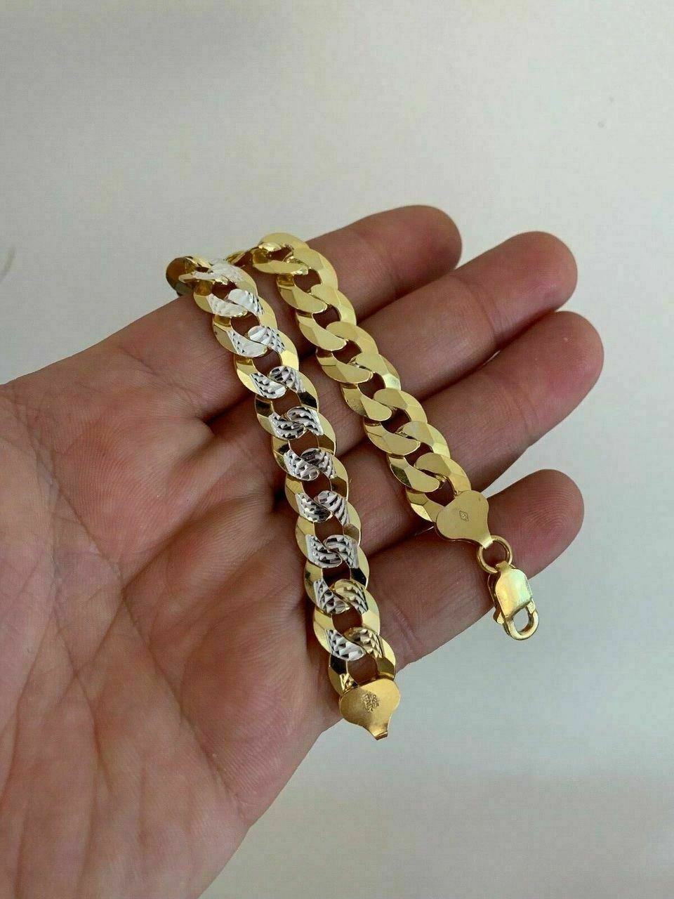Mens Diamond Cut 11mm Miami Cuban Chain 14k Gold Plated Solid 925 Silver TwoTone