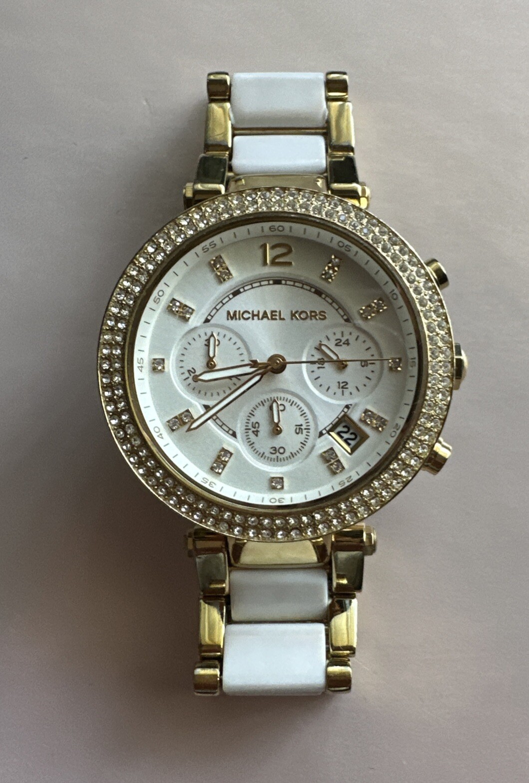 Michael Kors Parker MK6119 Wrist Watch for Women Gold & White Needs Battery Read