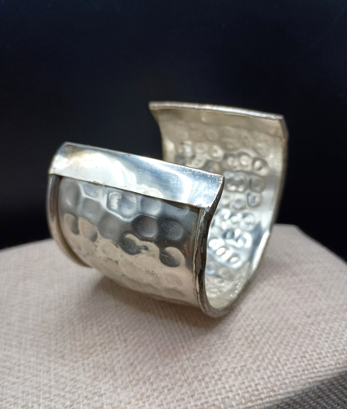 Mens Cuff Bracelet Hammered Silver Tone Open Bangle Wide 2.25” Size 7-9 Adjusts