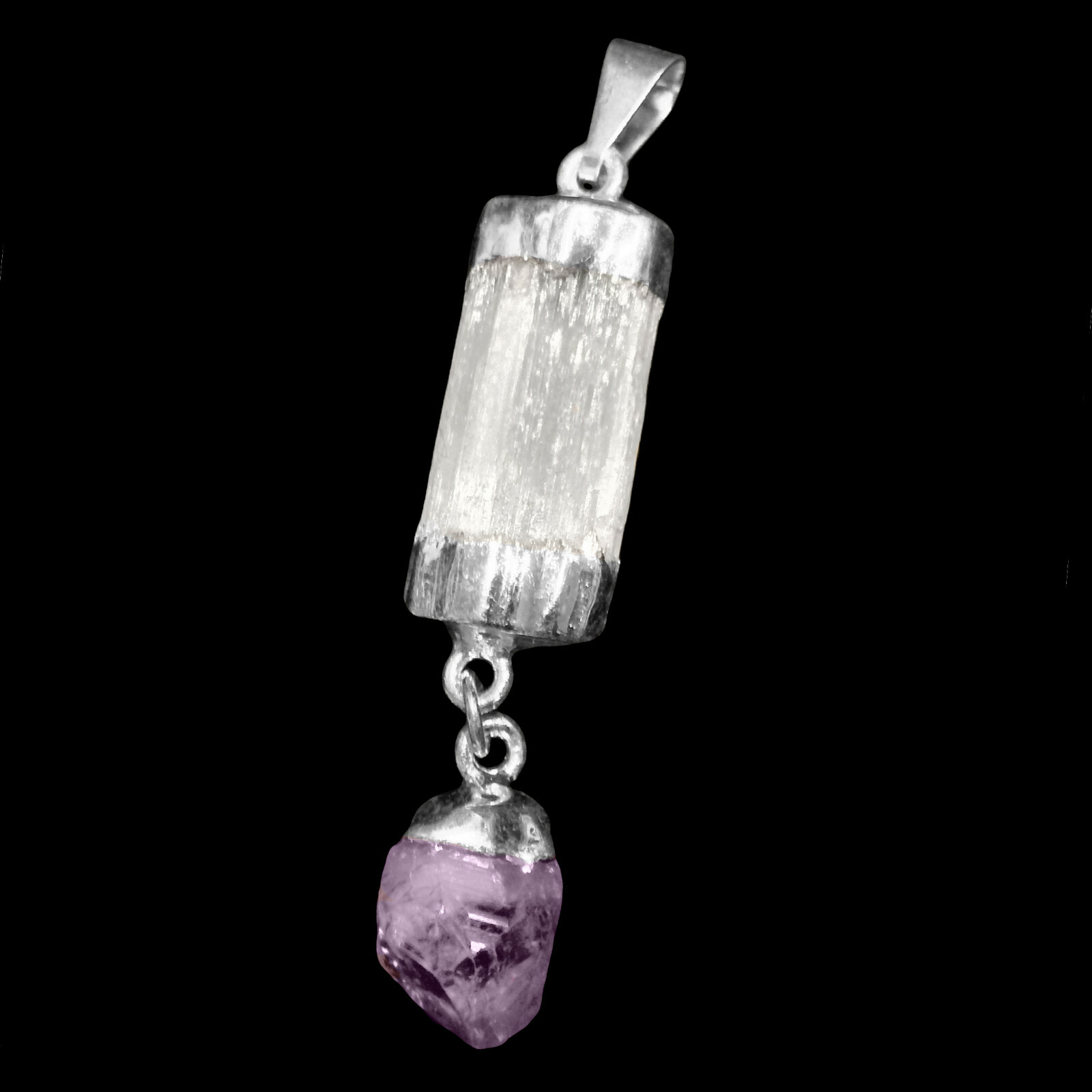 Selenite Amethyst Chakra Crystal Pendant CHARGED 925 Sterling Silver Necklace He