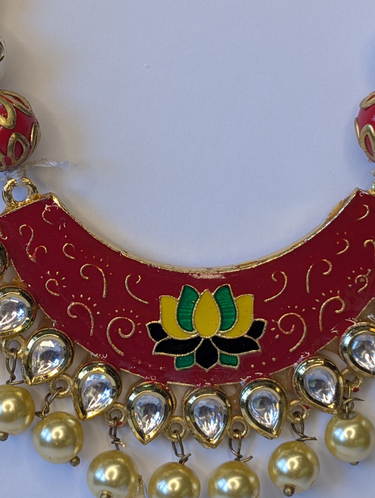 Handmade Lotus Thread Necklace Set Red Meenakari Pearl Indian Ethnic Jewelry