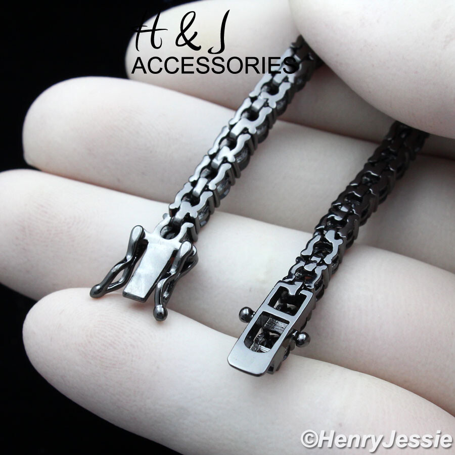 7″-8.5″MEN WOMEN 14K BLACK GOLD PLATED 4MM 1 ROW BLACK CZ TENNIS BRACELET*BB2
