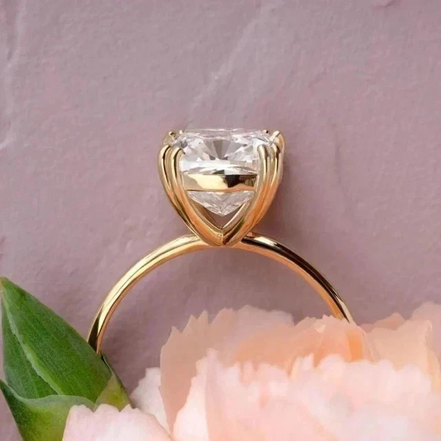 3CT Cushion-Cut VVS1 Moissanite Solitaire Engagement Ring 14k Yellow Gold Plated