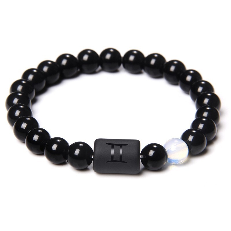Zodiac Sign Natural Black Stone Beaded Elastic Stylish Bracelet Astrological