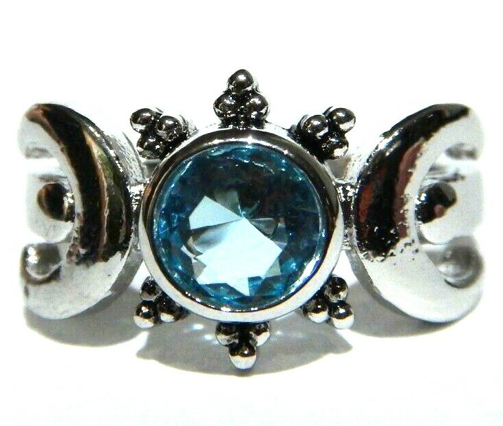 MOON PHASE RING silvertone blue crystal stone full & crescent Wiccan Pagan V3