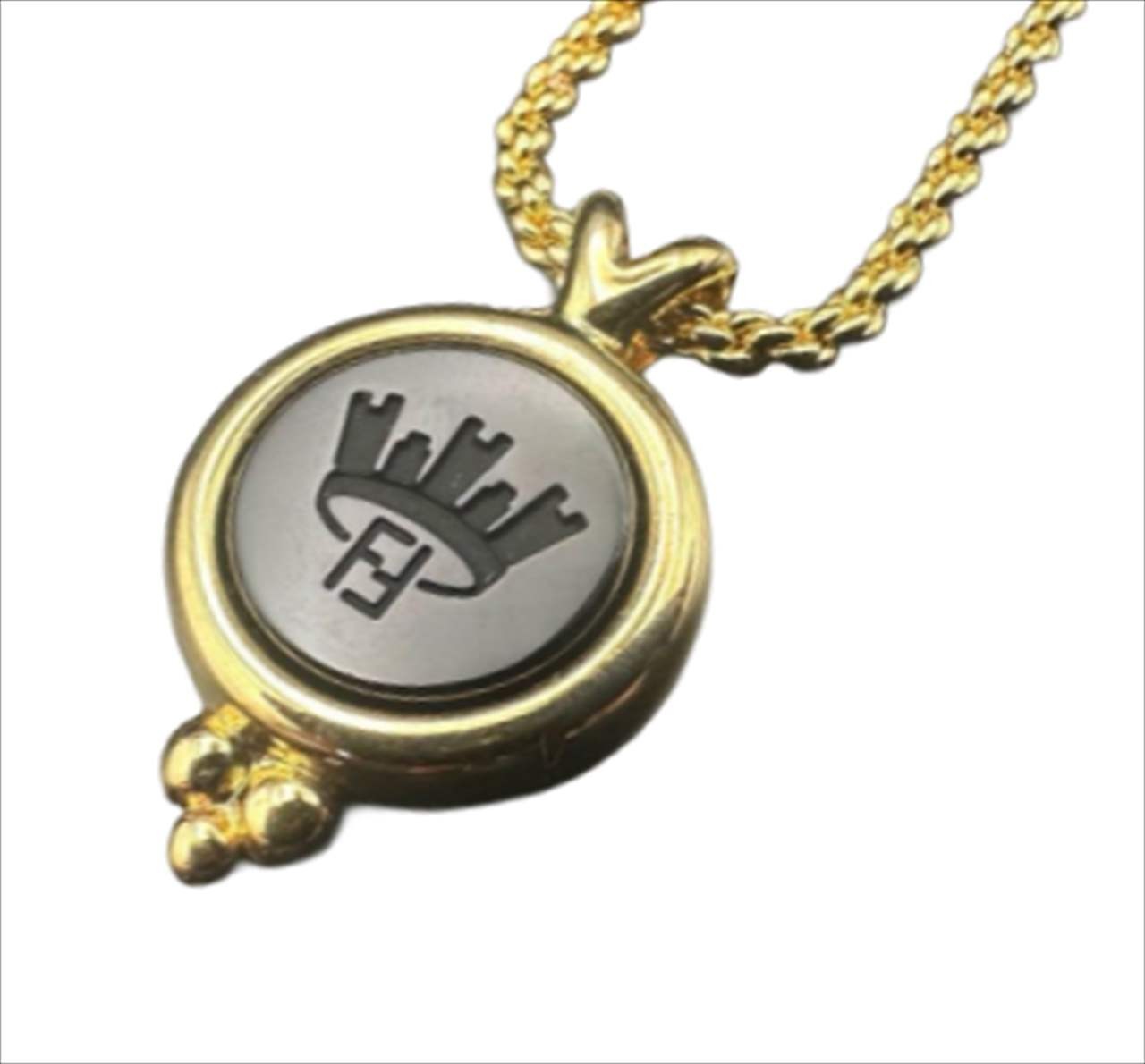 FENDI Necklace Gold-plated Seal Pendant Embossed Black Logo 17.7″long