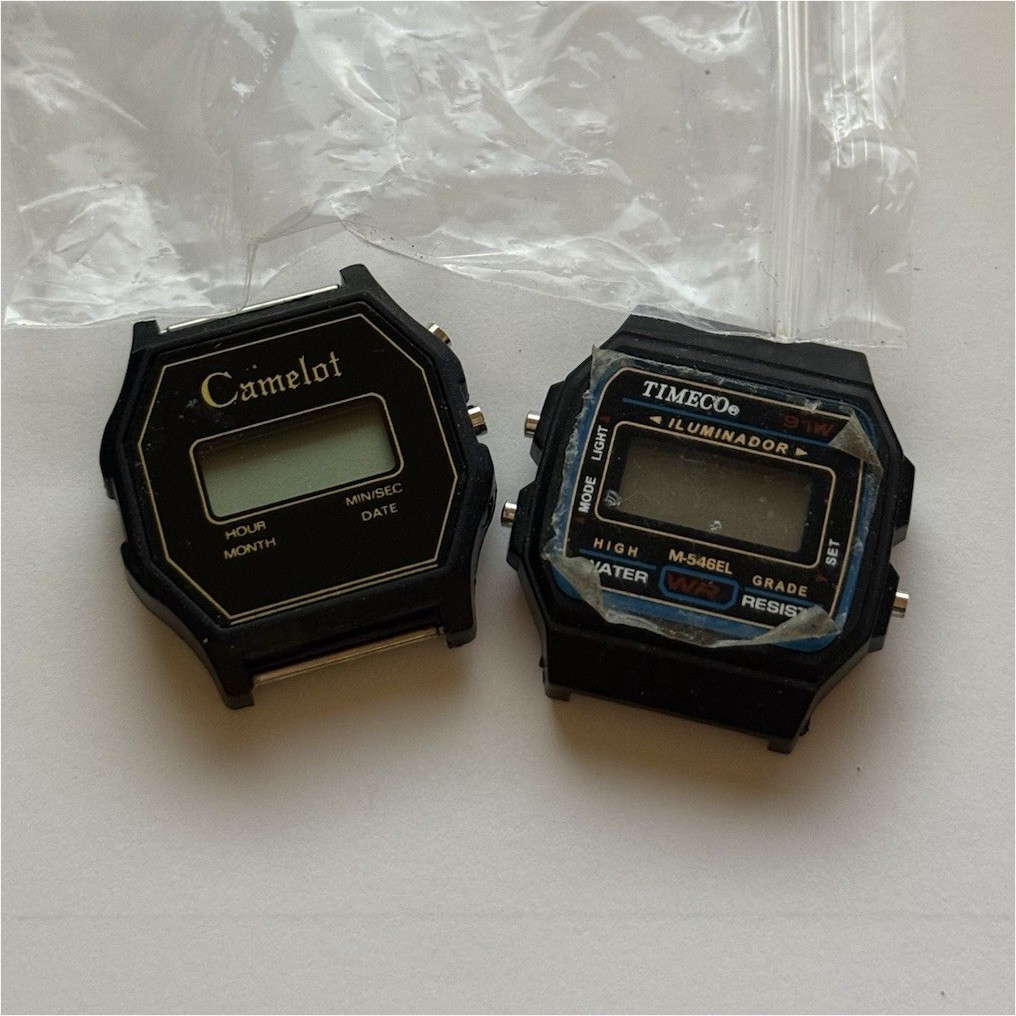 Camelot TIMECO Quartz Wristwatch Lot, Digital Dial, Black, Steel Plastic, Parts
