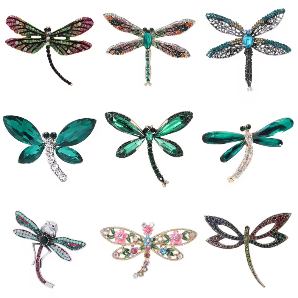 Blue Crystal Dragonfly Brooch Vintage Style Gold Insect Pin Summer Jewelry Gift