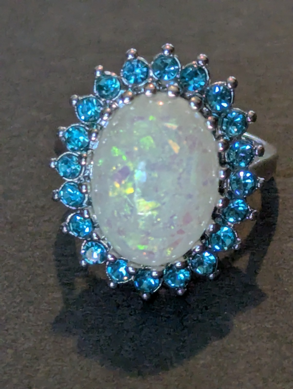 Sterling Silver 925 Opal Blue Stone Halo Ring Size 6 Oval Cabochon