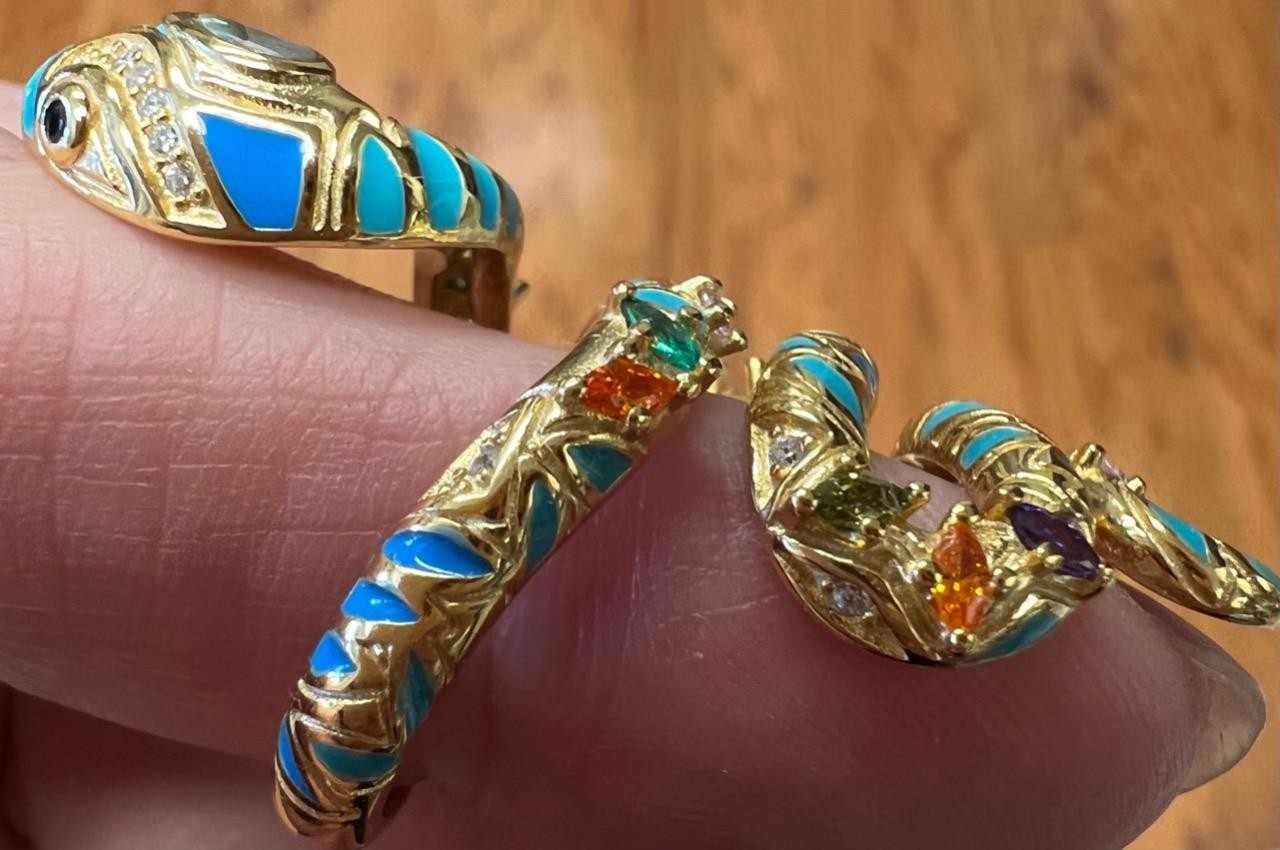 REAL Gemstones 14K Gold on SOLID 925 Snake Ring wrap Egyptian Rev Yellow gf