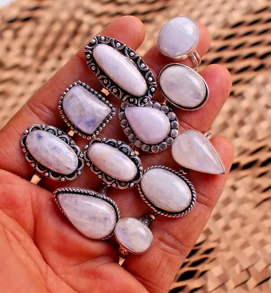 Flashy Moonstone Rings Lot, Fashion Jewelry 925 Silver Plated Gift For Mother~