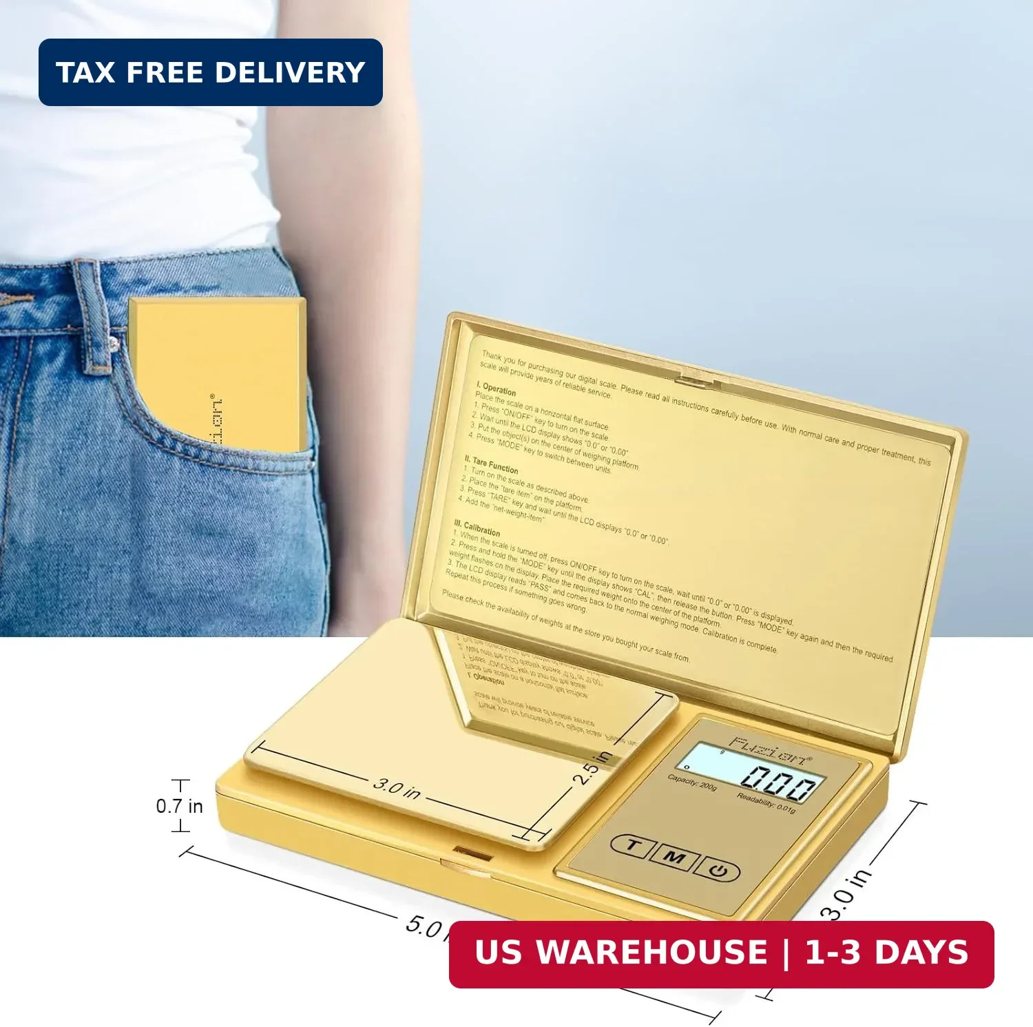 Fuzion Gram Scale, 200gx0.01g Digital Pocket Scale Gold Titanium Plating, High P