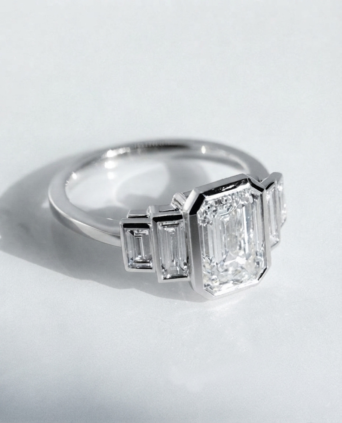 14K White Gold Five Stone Bezel Set Wedding Ring Emerald Cut Lab Created Diamond