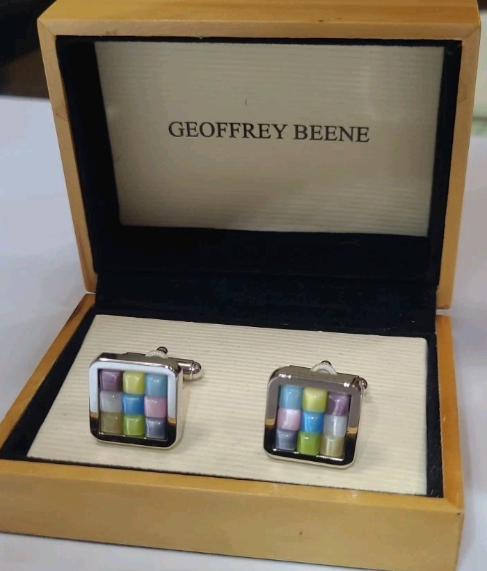 Geoffrey Beene Mens Silver Tone Multicolor Square Cufflinks Formal Wear