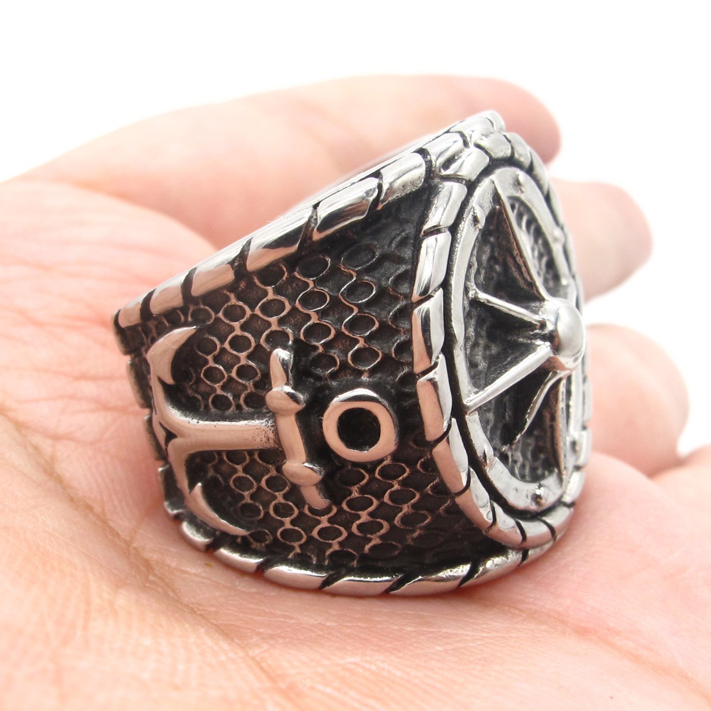 MENDEL Mens Stainless Steel Nautical North Star Marine Compass Anchor Ring 7-15