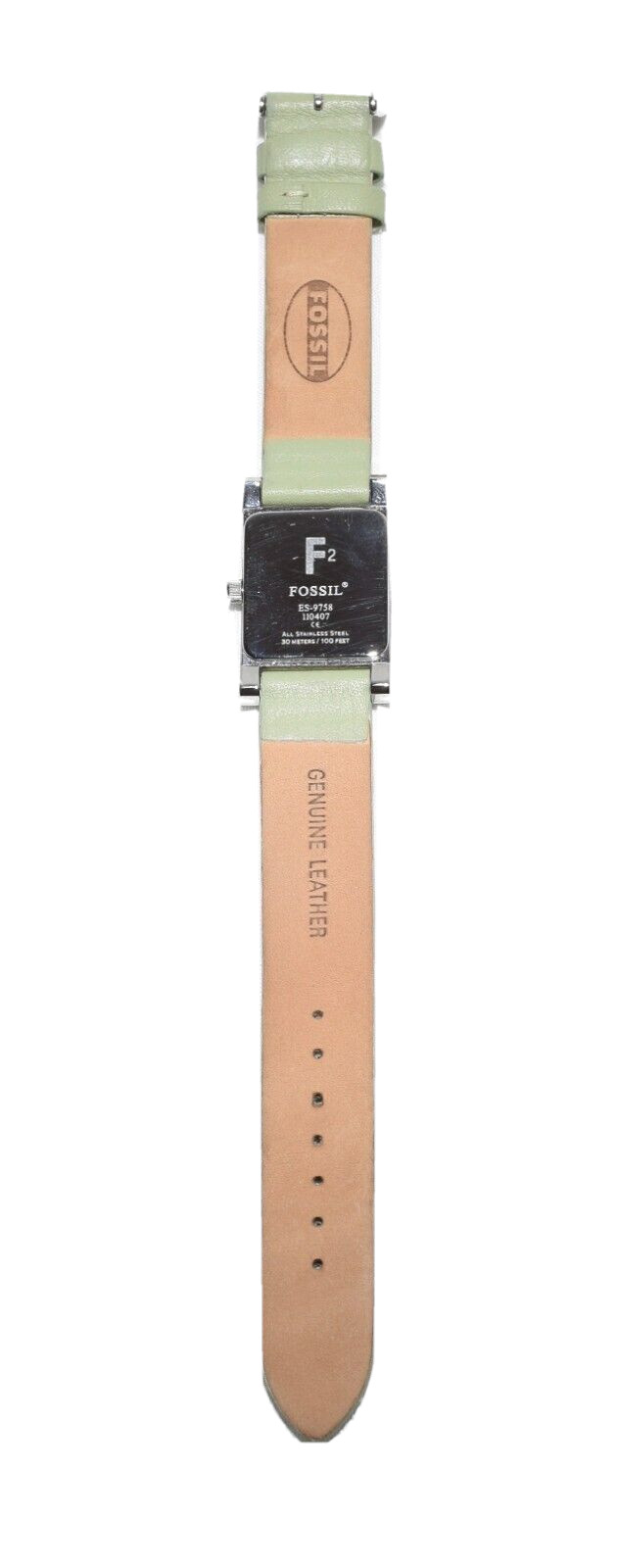 Fossil F2 Model ES-9758 Silver Tone Wristwatch w Olive Green Leather Wristband