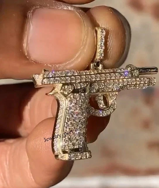 2.30Ct Round Cut Real Moissanite Gun Charm Pendant 14K Yellow Gold Plated