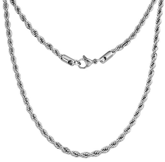 4mm Rope Mens Necklace Silver Chain Twist Stainless Steel Jewelry Neck Link 22”