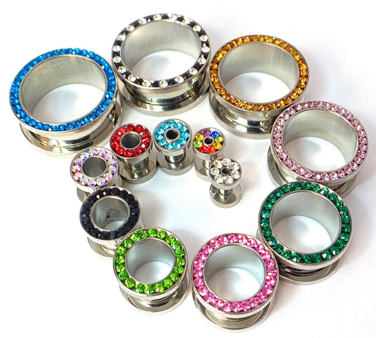 PAIR CZ Gem Rimmed 316L Surgical Steel Screw Fit Tunnels Plugs Earlets Gauges