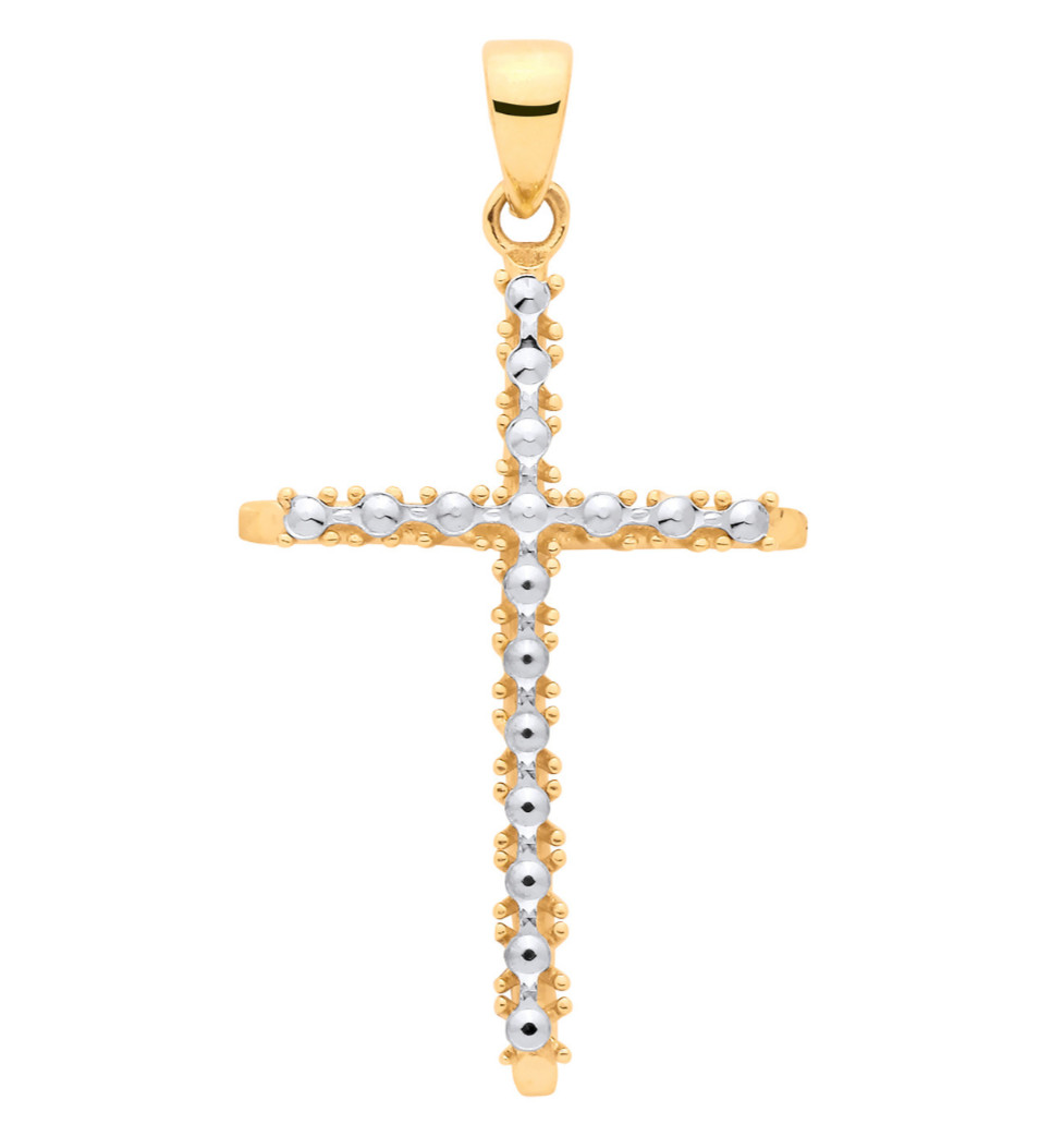 Yellow and White Gold with Illusion Diamond Cut Plate Cross Fully Hallmarked