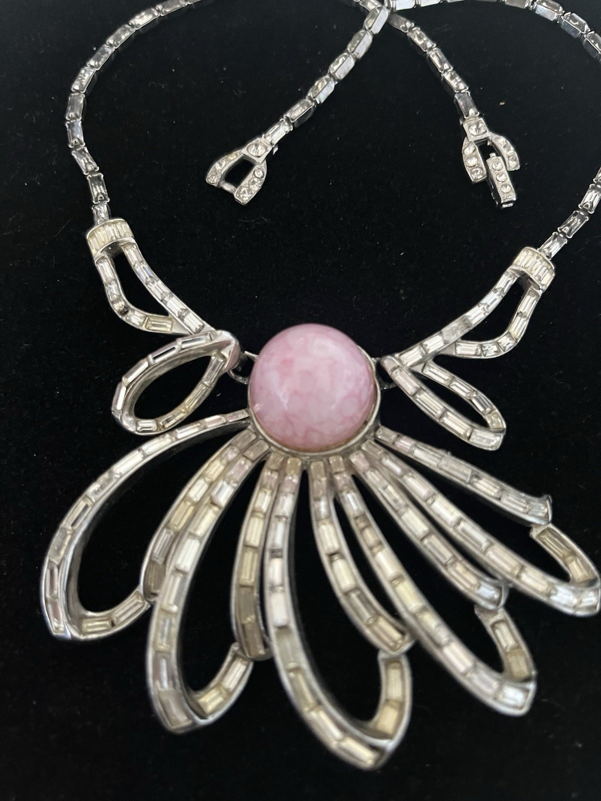 Boucher Style Grey & Clear Baguette Rhinestones pink Cabochon Statement Necklace