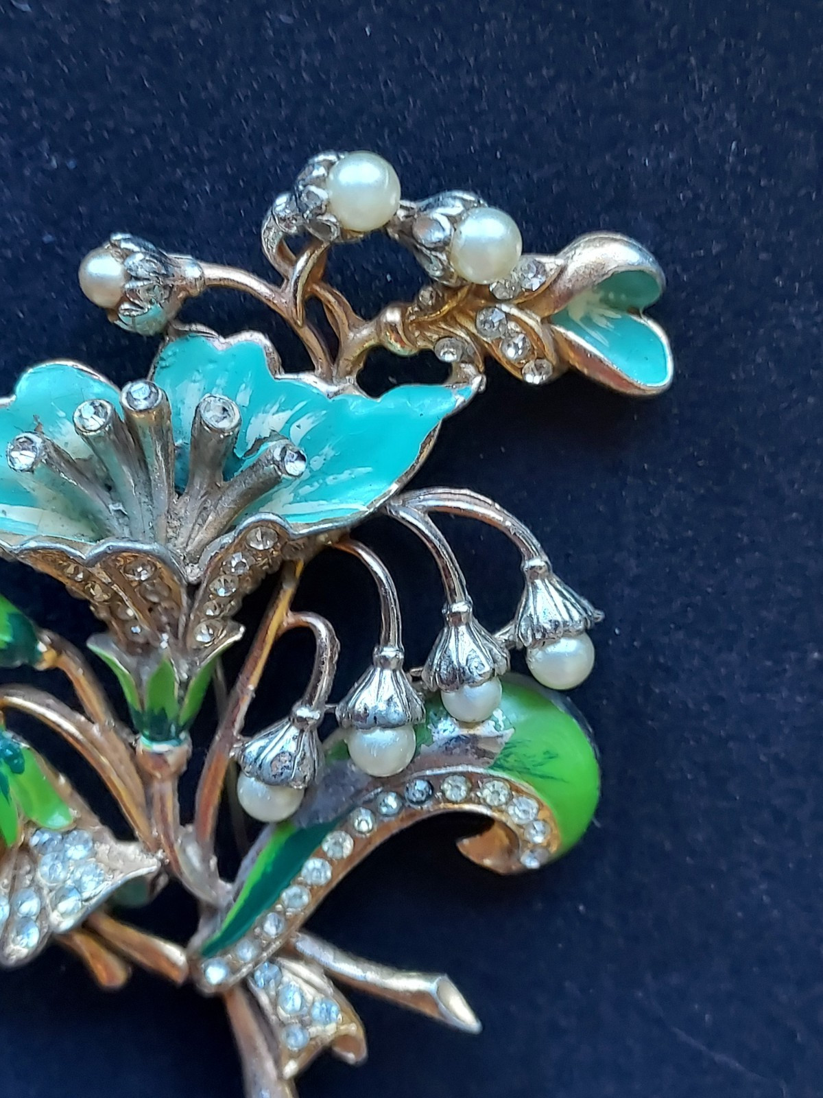 Vintage Blue Green Enamel Rhinestone Pearl Flower Brooch Pin “B” Boucher?