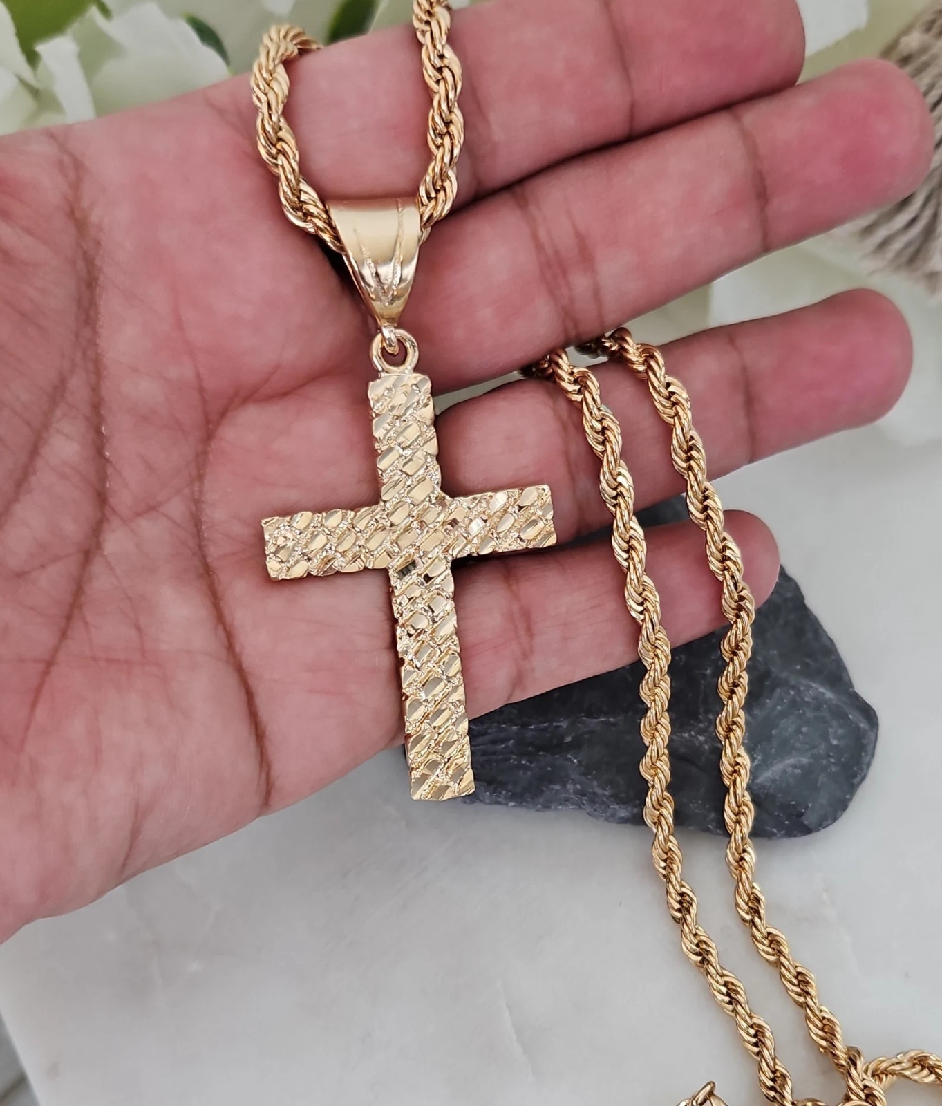 Large Gold Nugget Cross, 5mm French Rope Chain, 14k Heavy Plated