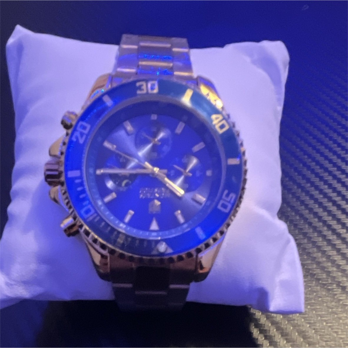 Men’s Analog Chronograph Sport Wristwatch Black Dial Blue Rotating Bezel