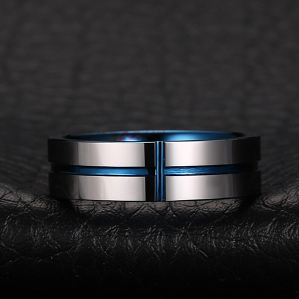 6MM Width Mens Tungsten Carbide Blue Inside Two-Tone Cross Wedding Band Ring