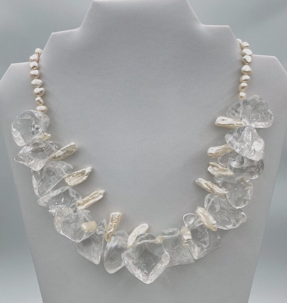 New RARE Deb Guyot Sterling Rock Crystal Pearl Statement Artsy Boho Necklace