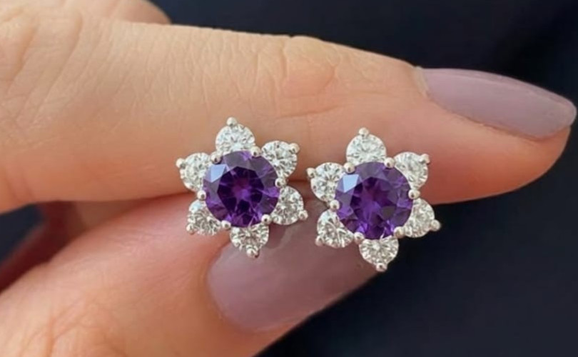 4ct Round Simulated Purple Amethyst/Diamond Flower Stud Earring Rose Gold Plated