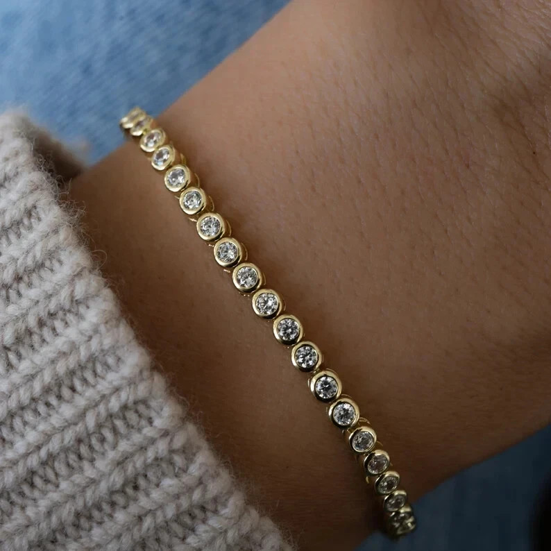 3 CT Round F/VS1 Lab Grown Diamond Women Charm Tennis Bracelet 14K Yellow Gold