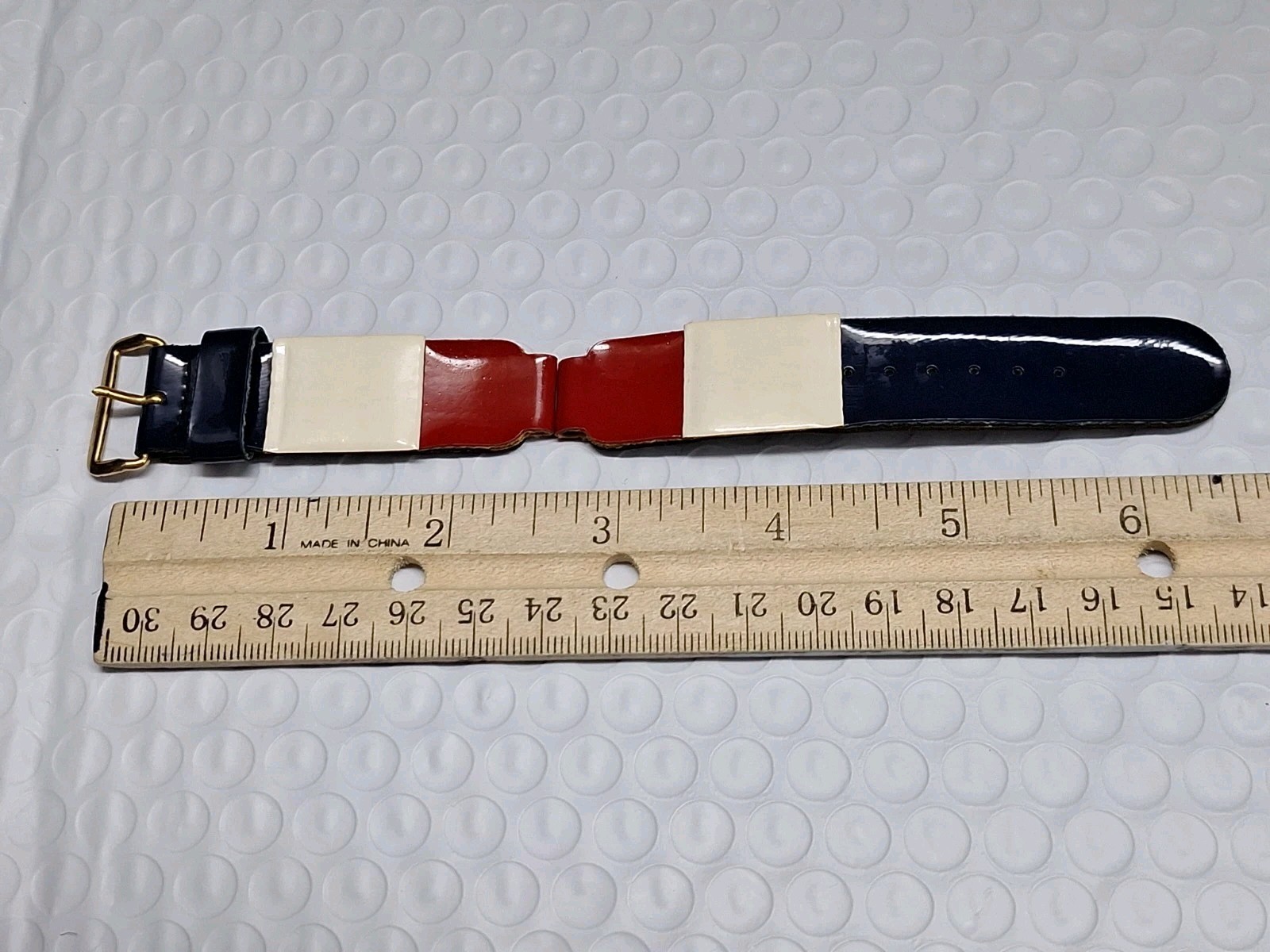 Vintage Tri-color Red White Blue Vinyl on Leather Watch Band Strap 12.3 mm