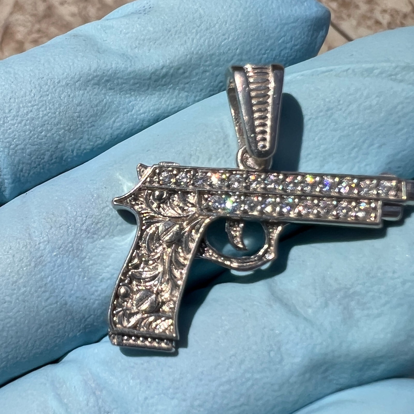 Real Solid 925 Sterling Silver Gun Pistol Scrollwork Engraving Iced CZ Pendant