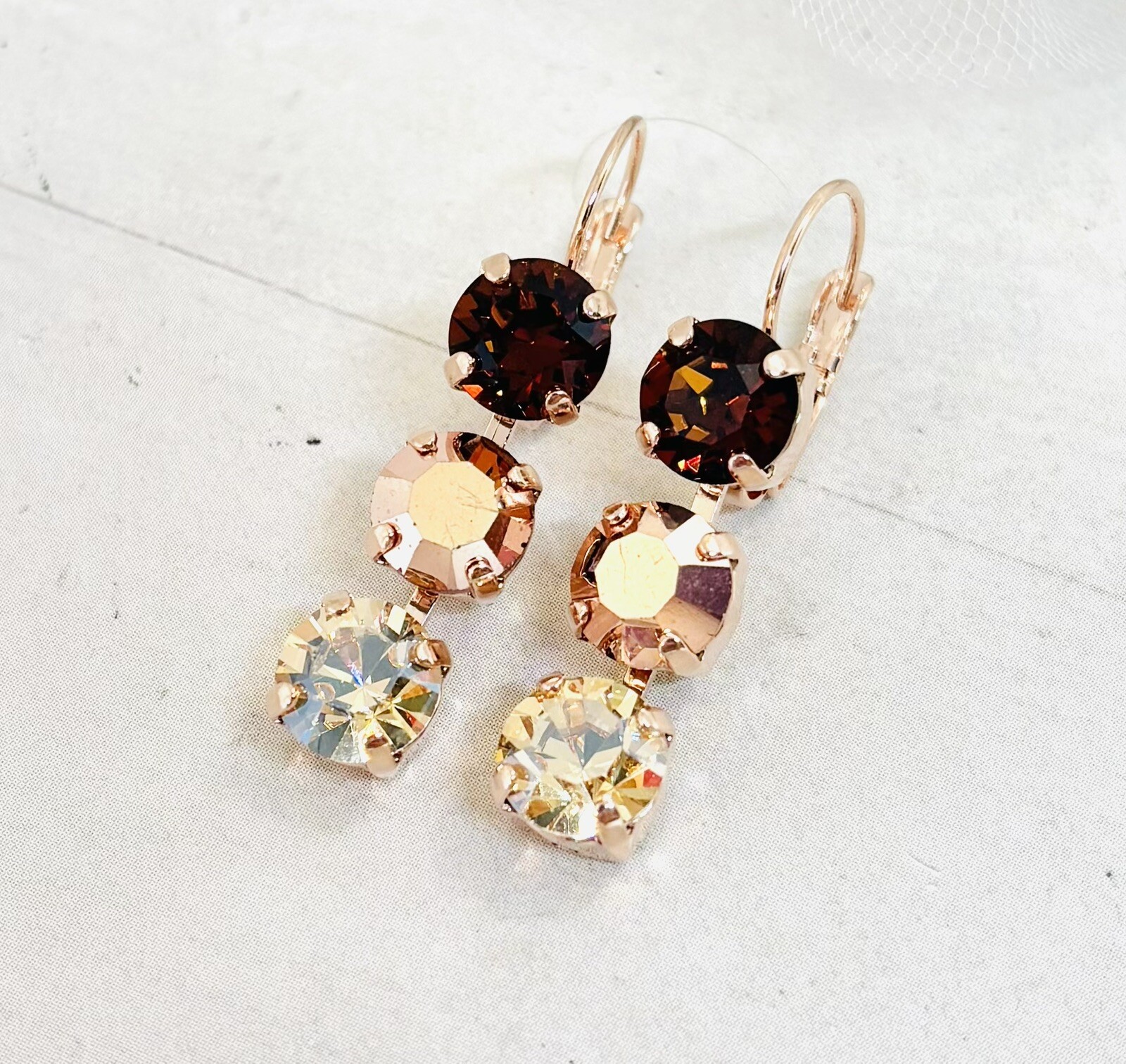 Rose Gold Plated Chocolate Brown and Rose Gold Triple Stone Cup Chain Earrings
