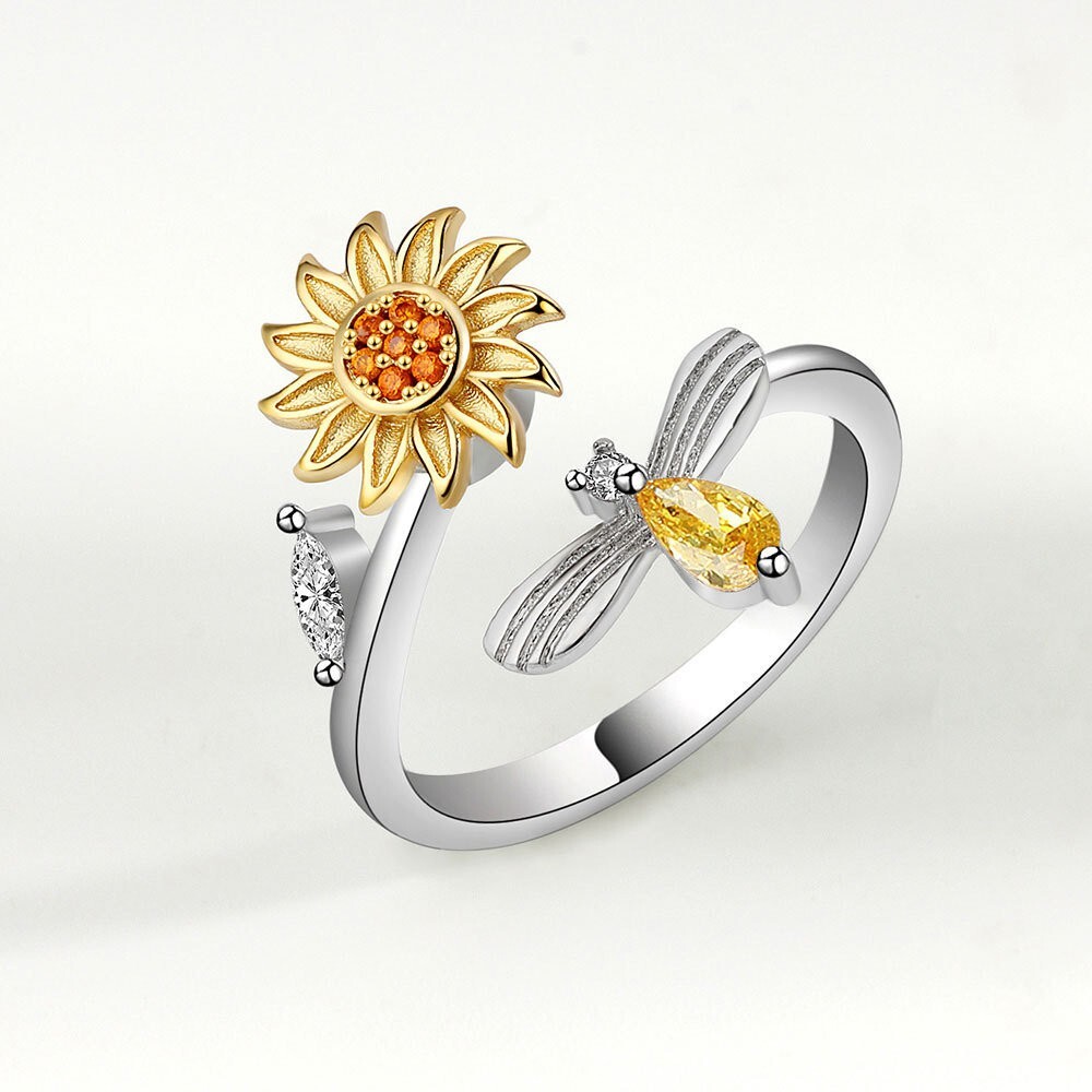 Sunflower Anxiety Fidget Spinner Ring in Sterling Silver