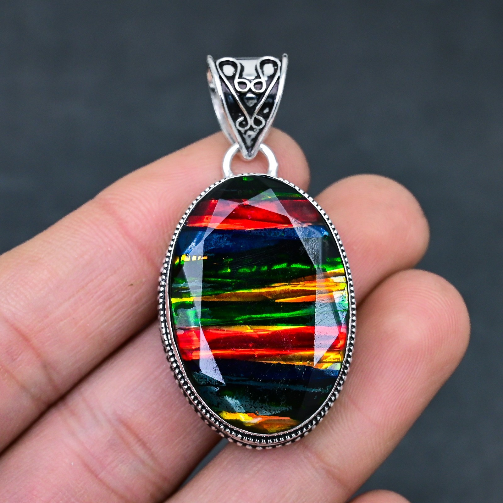 Ammolite Opal Gemstone 925 Sterling Silver Pendant Handmade Jewelry Gift For