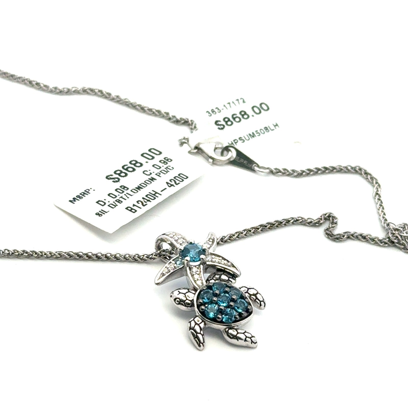 NIB EFFY sterling silver diamond and blue topaz turtle necklace retail $868