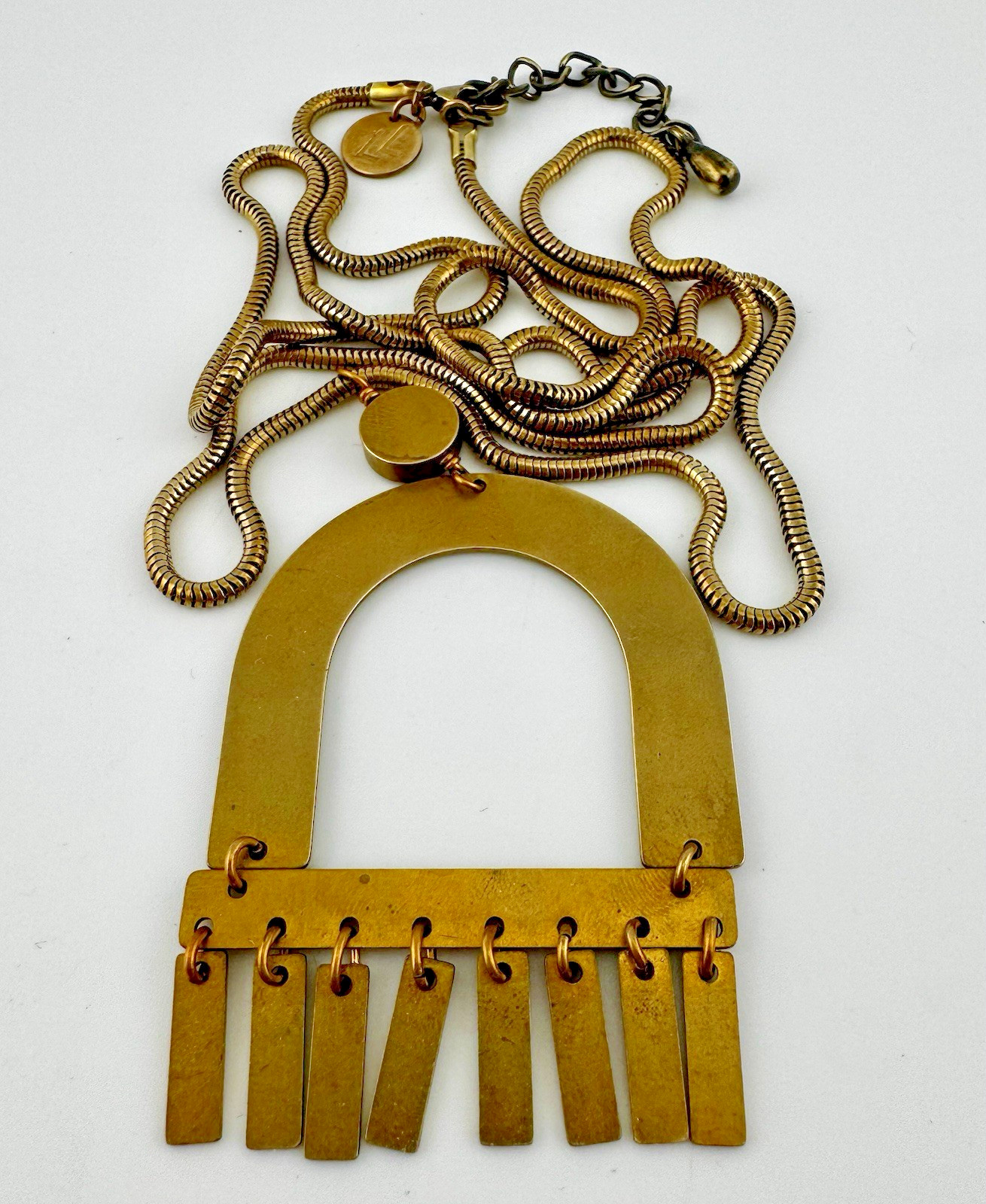 Larissa Loden Brass Statement Necklace Geometric Arch Fringe Pendant Boho