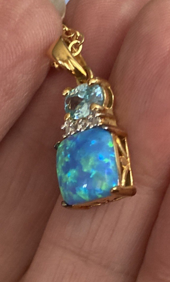 New TECHNIBOND Blue Lab Opal Topaz White CZ Necklace Ring Set HSN Lot