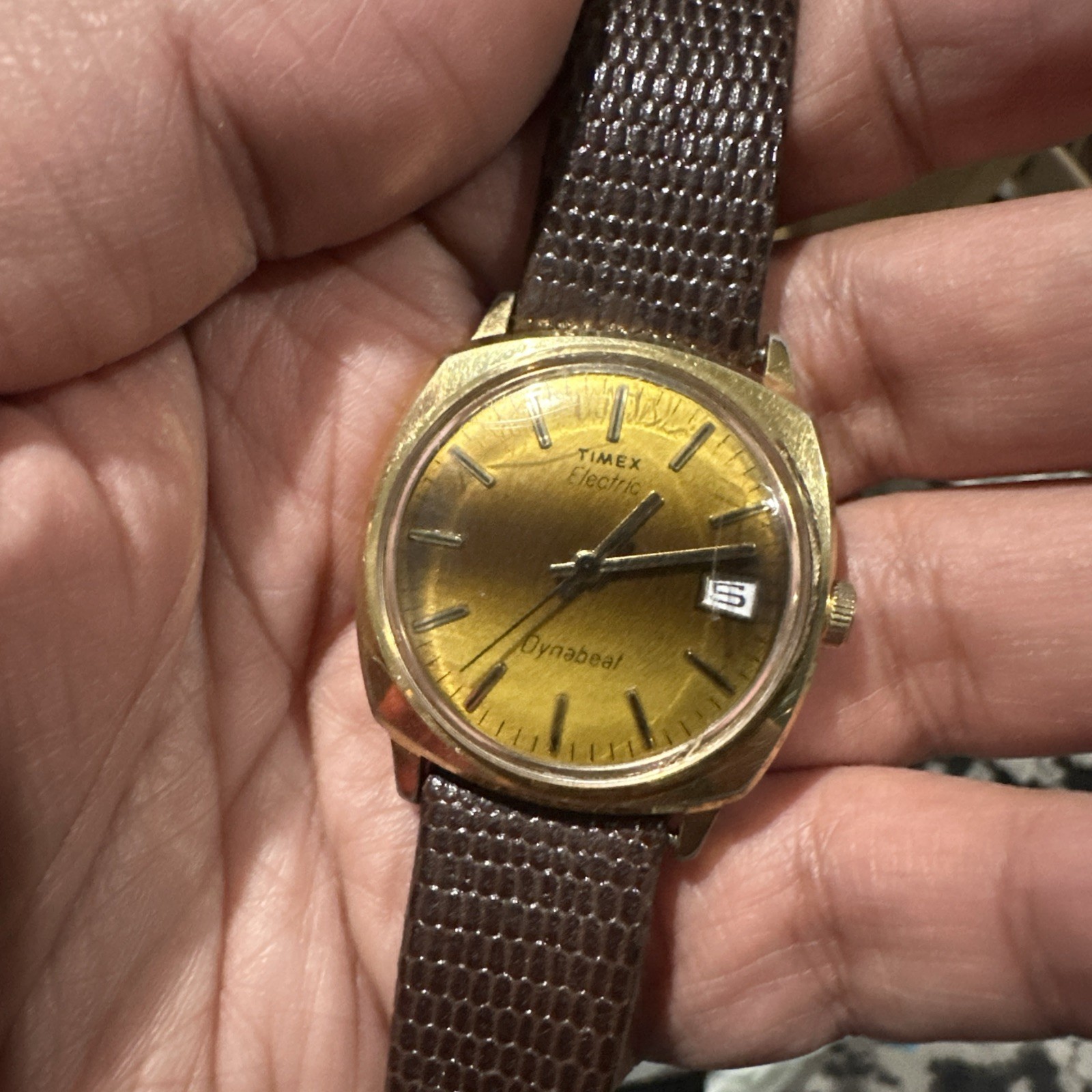 Works VTG Timex Electric Dynabeat Sunburst Mens Watch Gold Stuller Strap 34mm 7”