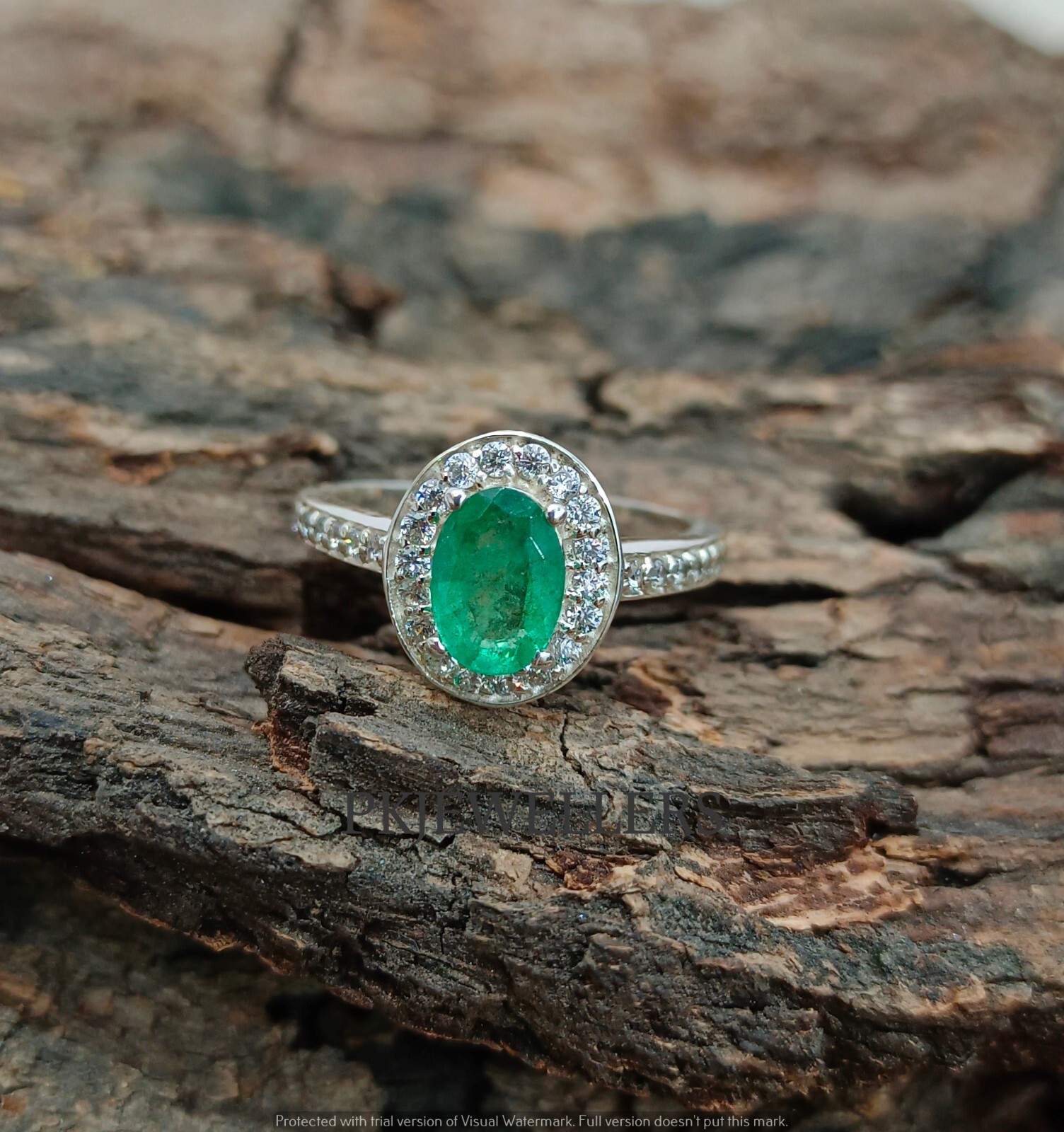 925 Sterling Silver Natural Zambia Emerald/CZ Gems Engagement Ring US 7 RN-356
