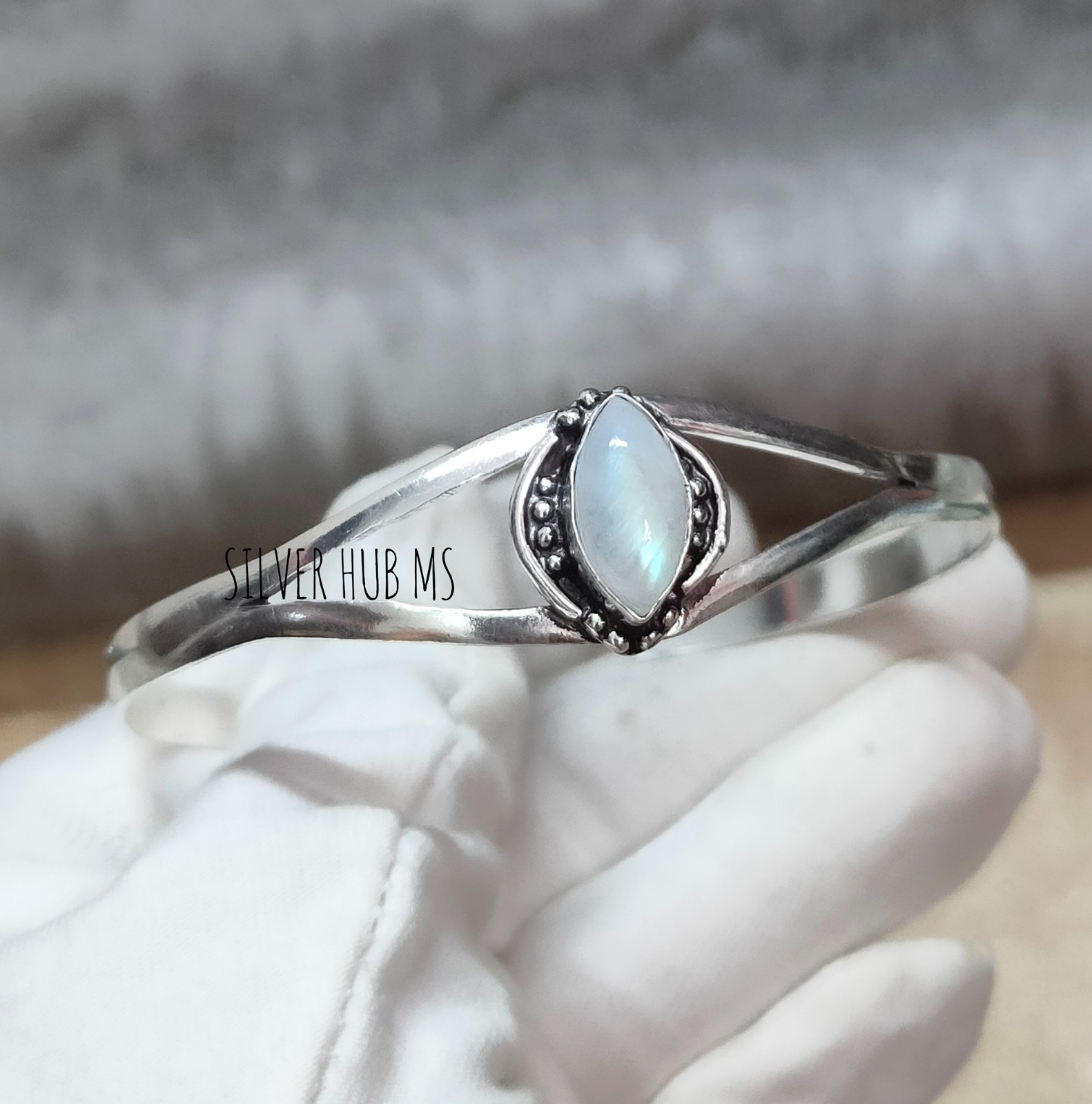 Natural Rainbow Moonstone marquise Handmade 925 Sterling Silver Bangle Cuff