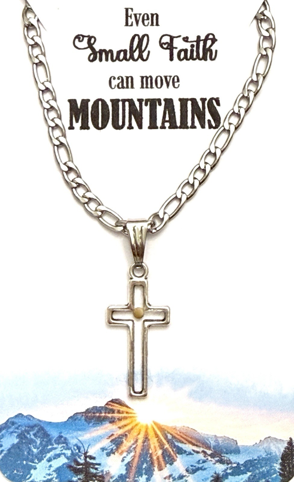 New Mustard Seed Cross Pendant 17” +2” Stainless Steel Figaro Chain Necklace!